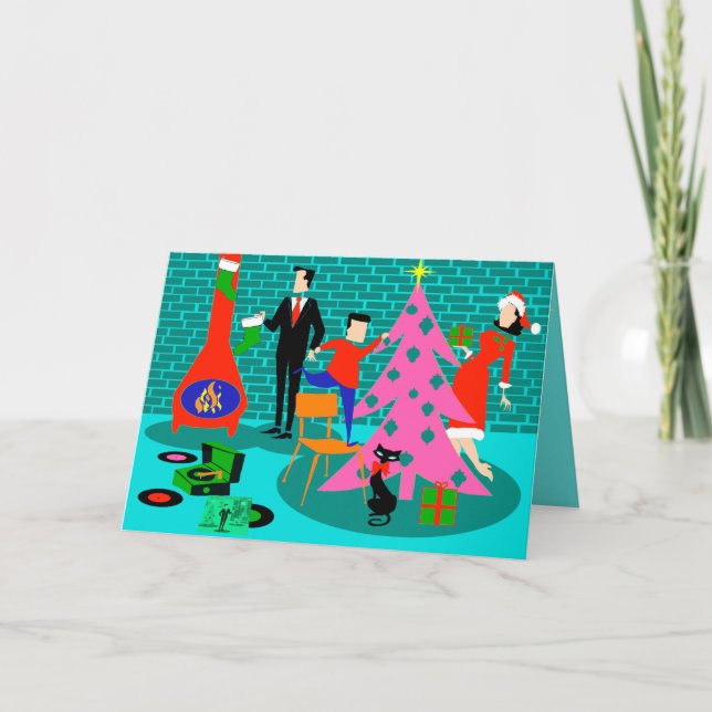 Retro Family Trimming the Christmas Tree Card (Front)