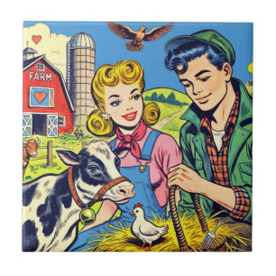 Retro Farm Comics Ceramic Tile
