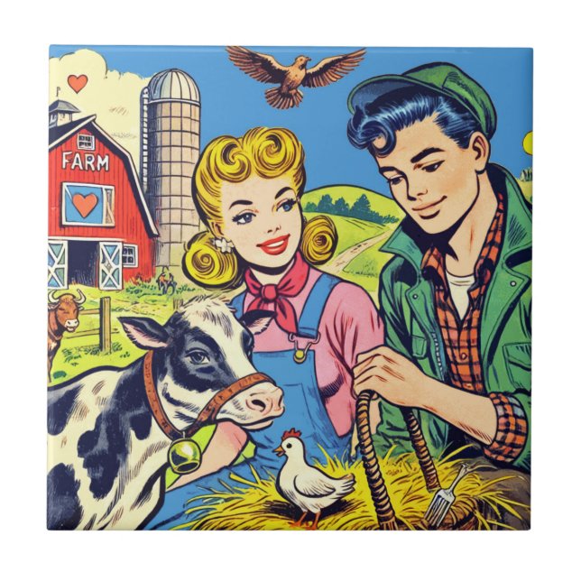 Retro Farm Comics Ceramic Tile (Front)