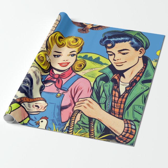 Retro Farm Comics Wrapping Paper (Unrolled)
