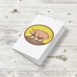Retro Farm Pig with Sunburst Card