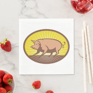 Retro Farm Pig with Sunburst  Napkin