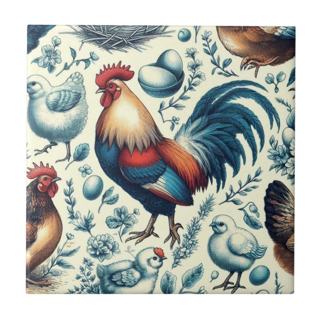 Retro Farm Rooster Pattern Ceramic Tile (Front)