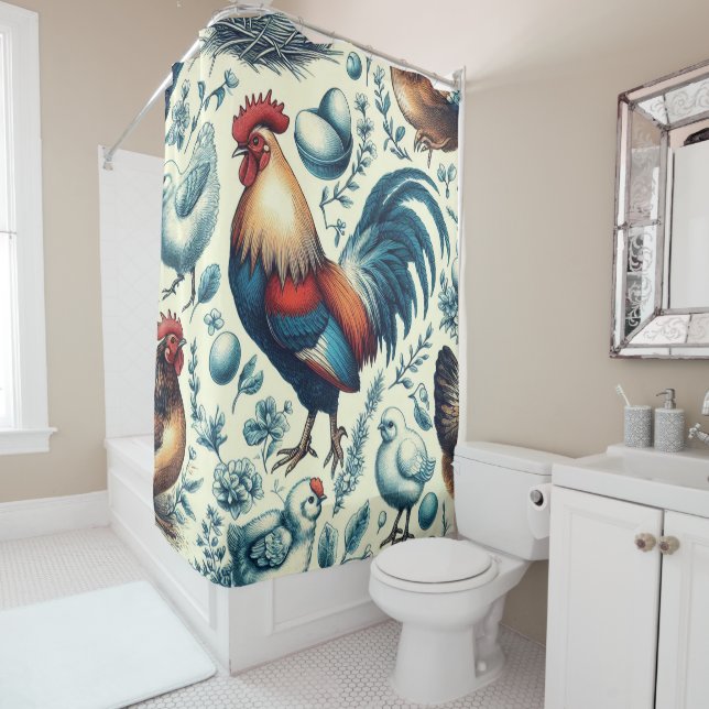Retro Farm Rooster Pattern Shower Curtain (In Situ)