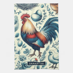 Retro Farm Rooster Pattern Tea Towel