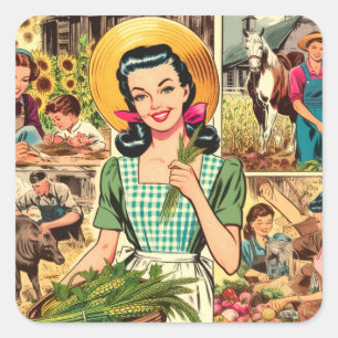 Retro Farmer Woman Comics Square Sticker