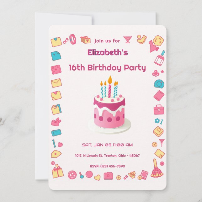 Retro Fashion Icons with Colourful Birthday Cake Invitation (Front)