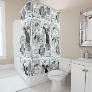 Retro fashion illustration collage shower curtain