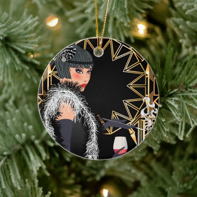 Retro fashion woman with glass of wine  ceramic ornament (Tree)