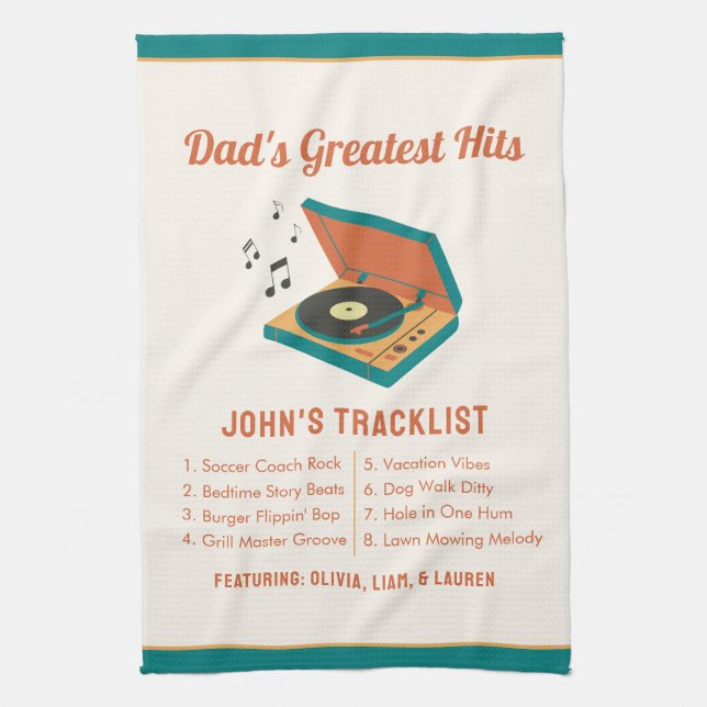Retro Father's Day "Dad's Greatest Hits" Custom  Tea Towel (Vertical)
