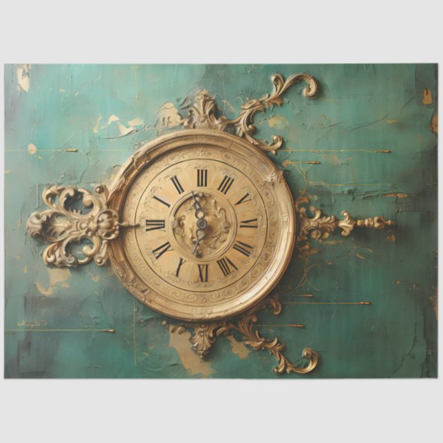 Retro faux gold clocks turquoise background tissue paper (Front)