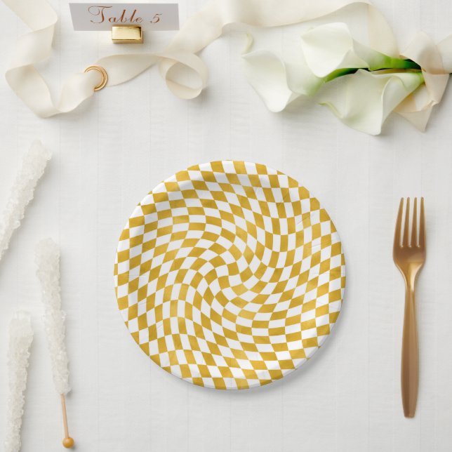 Retro Faux Gold Foil Checks Warped Chequerboard   Paper Plate (Wedding)