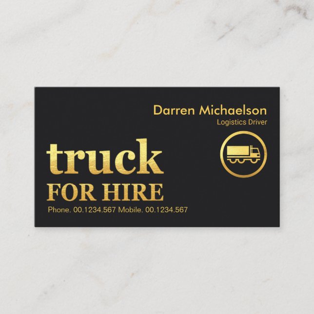 Retro Faux Gold Truck For Hire Logistics Driver Business Card (Front)