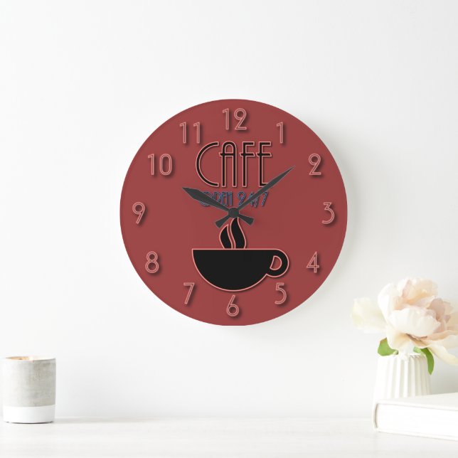 Retro Faux Neon Cafe Open 24|7 Red and Blue Large Clock (Home)