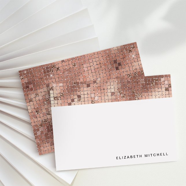 Retro Faux Rose Gold Disco Ball Mirror | Monogram Card (Glam, disco-inspired note cards)