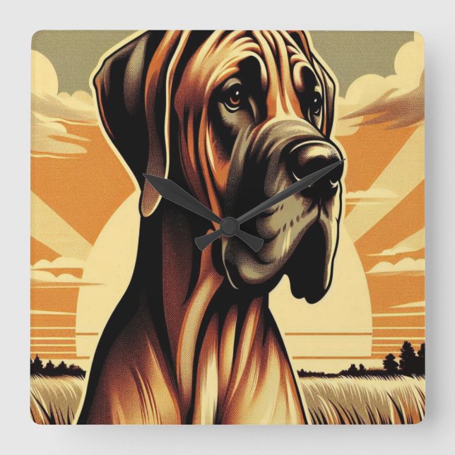 Retro Fawn Great Dane Yellow Brown Black Artwork Square Wall Clock (Front)