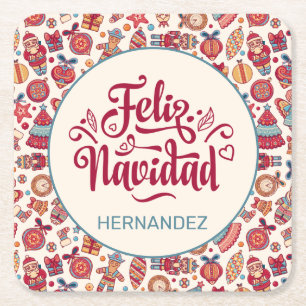 Retro Feliz Navidad Personalised Square Paper Coaster