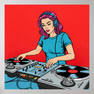 Retro Female DJ Vibrant Pop Art Music Poster