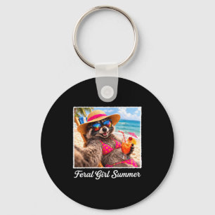 Retro feral girl summer funny racoon beach vibes key ring