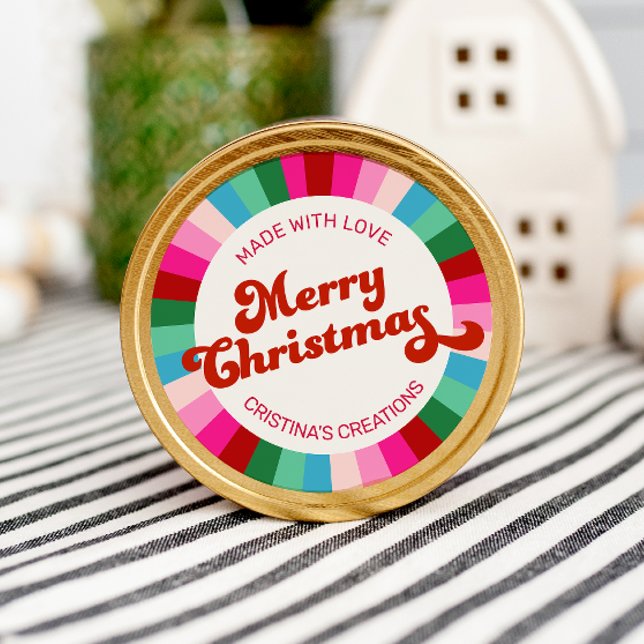 Retro Festive Pink Christmast Made with Love Gift Classic Round Sticker (Creator Uploaded)