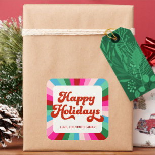 Retro Festive Rainbow Happy Holidays Gift Label