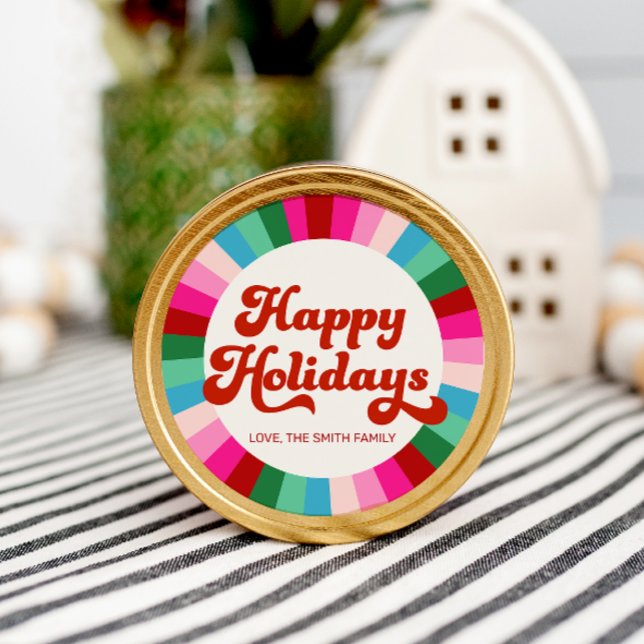 Retro Festive Rainbow Pink Christmas Holiday Gift Classic Round Sticker (Creator Uploaded)