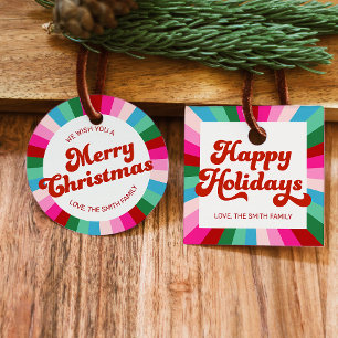 Retro Festive Rainbow Pink Christmas Holiday Gift Favour Tags