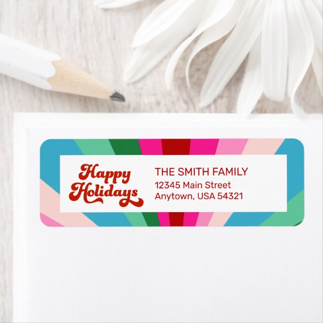Retro Festive Rainbow Pink Christmas holiday  Return Address Label (Insitu)