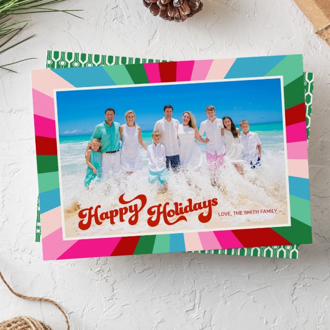 Retro Festive Rainbow Pink Christmas Photo Holiday Card (Creator Uploaded)