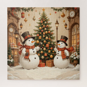 Retro Festive Snowmans and Christmas Tree Jigsaw Puzzle