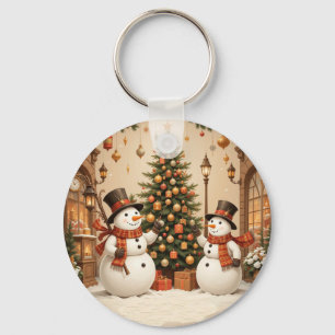 Retro Festive Snowmans and Christmas Tree Key Ring