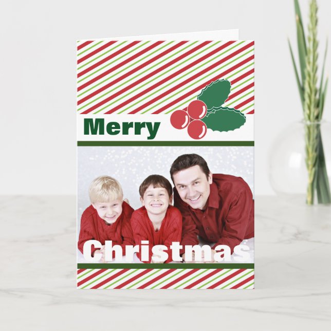 Retro Festive Stripes and Holly Custom Photo Holiday Card (Front)