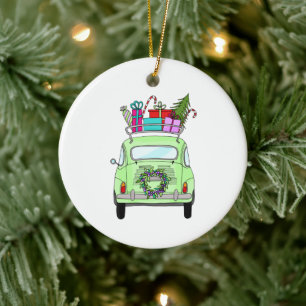 Retro Fiat 500 with Christmas Gifts Ceramic Ornament