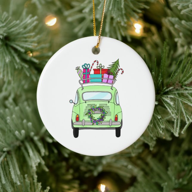 Retro Fiat 500 with Christmas Gifts Ceramic Ornament (Tree)