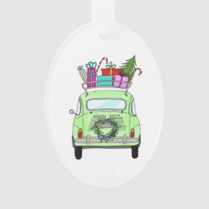 Retro Fiat 500 with Christmas Gifts Ornament