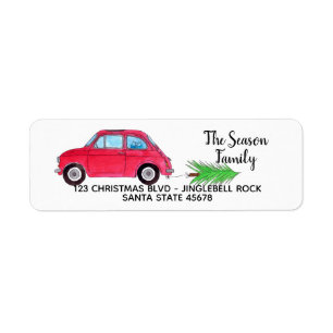 Retro Fiat 500 with Christmas tree Watercolor Return Address Label