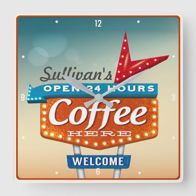 Retro Fifties Coffee Cafe Personalised Diner Sign Square Wall Clock (Front)