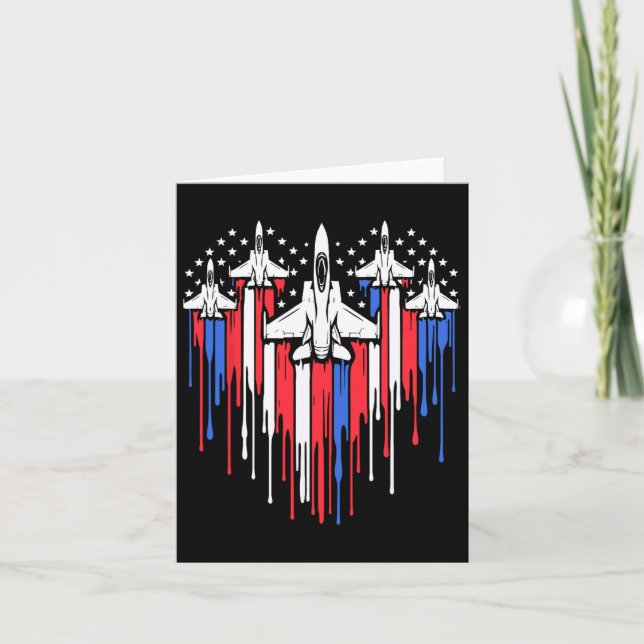 Retro Fighter Jet Aeroplane American Flag Heart 4t Card (Front)