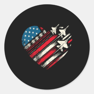 Retro Fighter Jet Aeroplane American Flag Heart 4t Classic Round Sticker