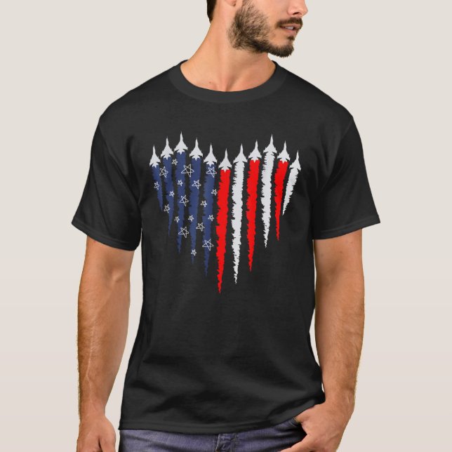Retro Fighter Jet Airplane American Flag Heart 4th T-Shirt (Front)