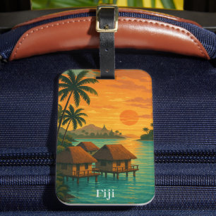 Retro Fiji Tropical Ocean Bungalows Sunset View Luggage Tag