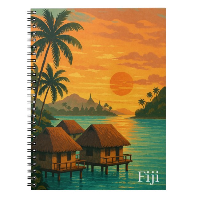 Retro Fiji Tropical Ocean Bungalows Sunset View Notebook (Front)