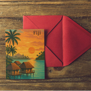Retro Fiji Tropical Ocean Bungalows Sunset View Postcard