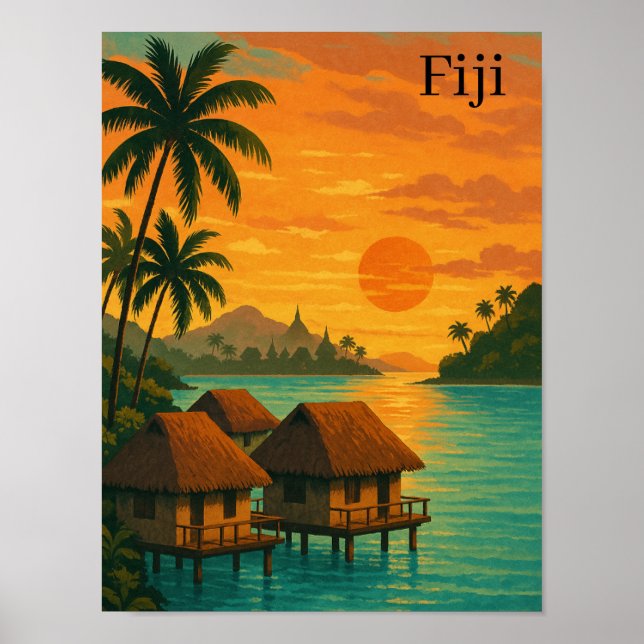 Retro Fiji Tropical Ocean Bungalows Sunset View Poster (Front)