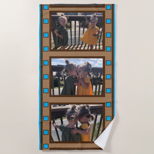 Retro Film Strip Add Up to 3 Photos Blue Beach Towel (Front)