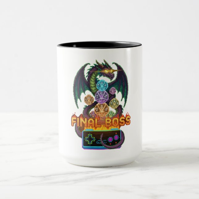 Retro Final Boss Dragon & Dice | Gamer TTRPG Pixel Mug (Center)