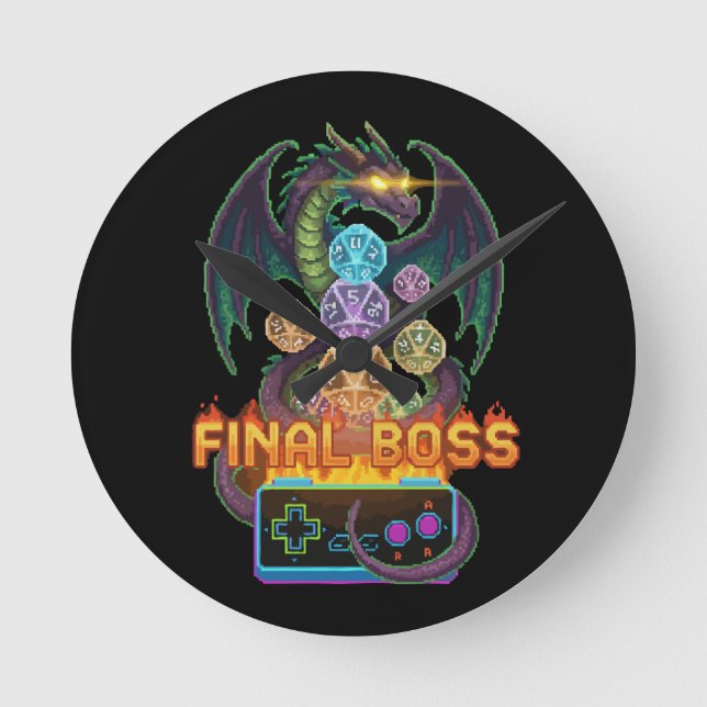 Retro Final Boss Dragon & Dice | Gamer TTRPG Pixel Round Clock (Front)
