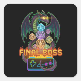 Retro Final Boss Dragon & Dice   Gamer TTRPG Pixel Square Sticker