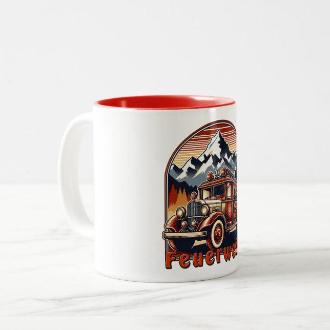 retro fire fighter & mountain Two-Tone coffee mug (Front Left)