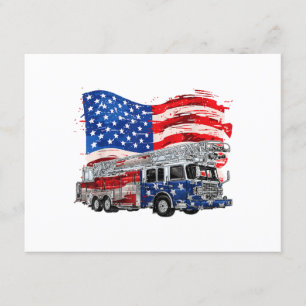 Retro Fire Truck Firefighter Fireman USA Flag 4th Enclosure Card
